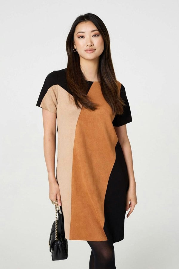 Beige | Colour Block Short Sleeve Midi Dress
