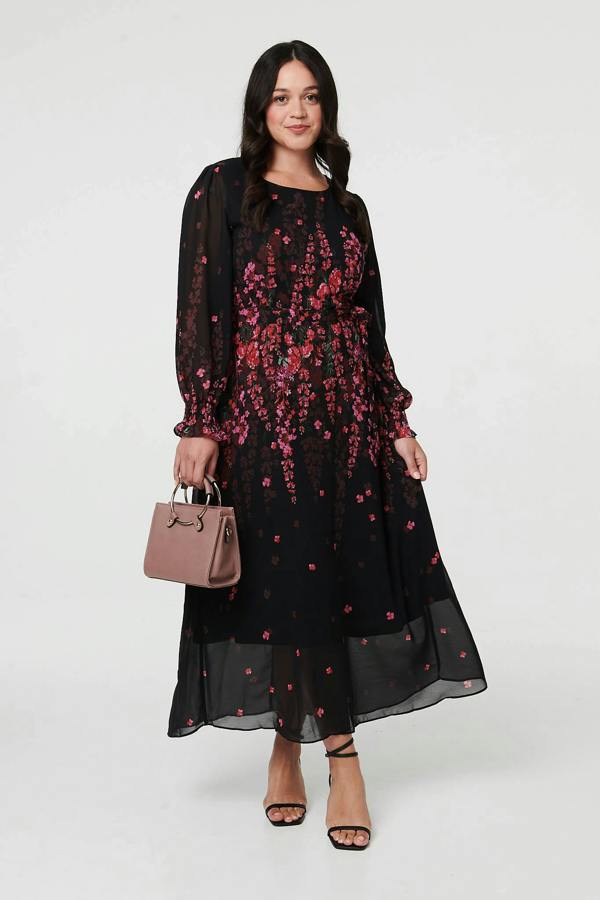 Black | Curve Floral Tie Waist Layer Maxi Dress
