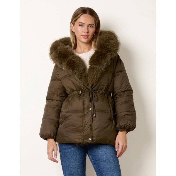 Blue Vanilla Drawcord Waist Faux Fur Hooded Coat