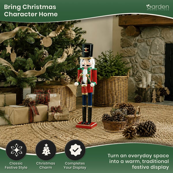 Large Christmas Nutcracker Figure, 50cm Tall Traditional Design in Red Coat and Black Hat, Indoor Festive Decoration Focal Point