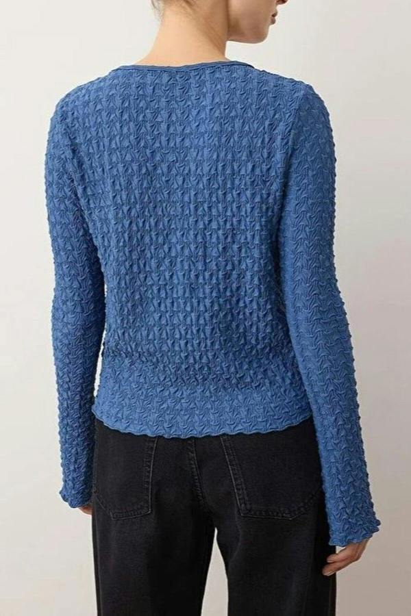 WOVCOR Textured Long Sleeve Stretchy Knit Blouse with Button Detail