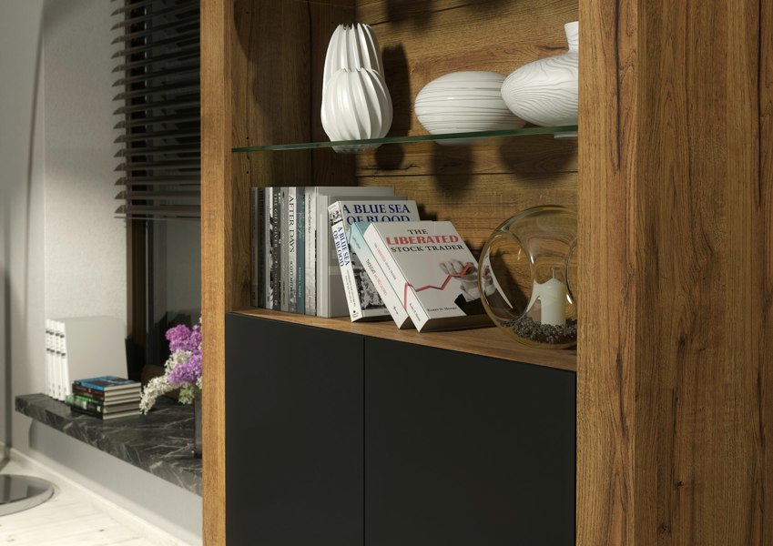 Mex Furniture Tall Display Cabinet 170cm Oak Matt Body and Black Matt Doors – Modern Open Shelving Unit