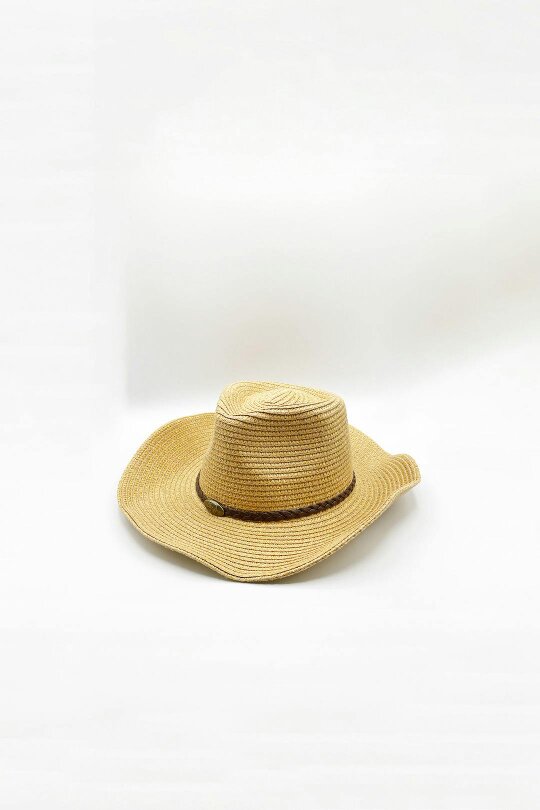 SVNX Wide Brim Straw Sun Hat with Adjustable Chin Strap in Beige