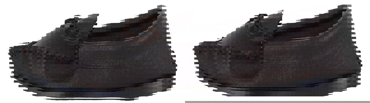 Northamptonshire Slipper Co. Mens British Hand Made Casual Leather Moccs Moccasins Slippers, side view of dark brown leather moccasin with lace detailing.