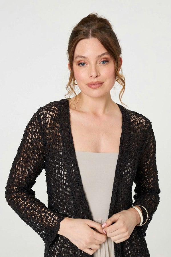 Black | Crochet Knit Longline Waterfall Cardigan
