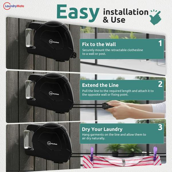 Laundry Mate Retractable Washing line – Duo Reels 30 & 26M Heavy Duty Extendable Washing Line with Twin Cable & Wall Mounted