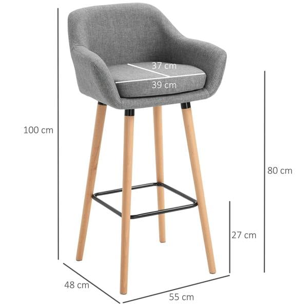 Grey upholstered bar stool set with 80 cm seat height, wood legs, black footrest