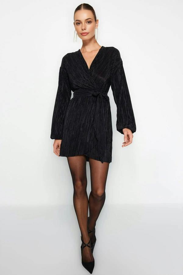 WOVCOR Belted A-Line Pleated Knit Short Elegant Evening Dress