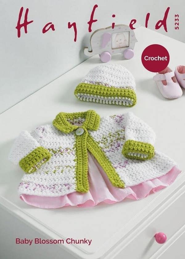 Hayfield Baby Blossom Chunky Crochet Pattern 5233, Jackets, Headwear for Baby, 0 - 3 Years - Easy