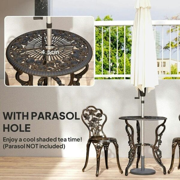 Bobobiy Garden Bistro Set with Umbrella Hole, 3 Piece Cast Aluminium Garden Set, Antique Floral Round Coffee Table and Chairs, Brown Tone