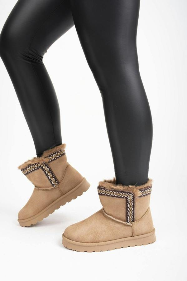Malira Faux Suede Fluffy Lined Ankle Boots With Stitch Trim - Khaki