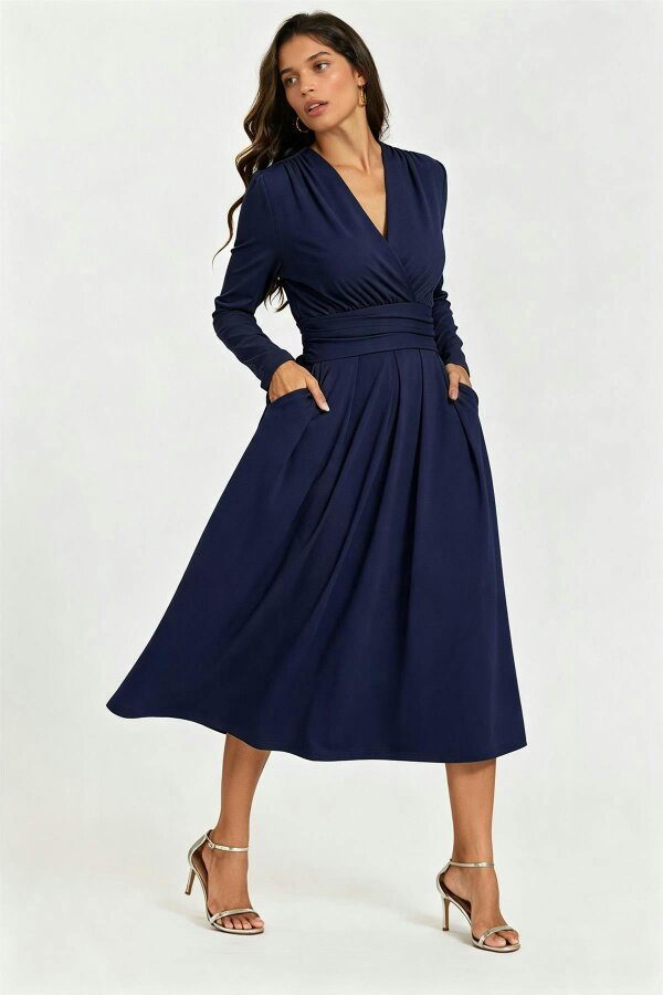 FS Collection Jersey Long Sleeve Midi Dress In Navy