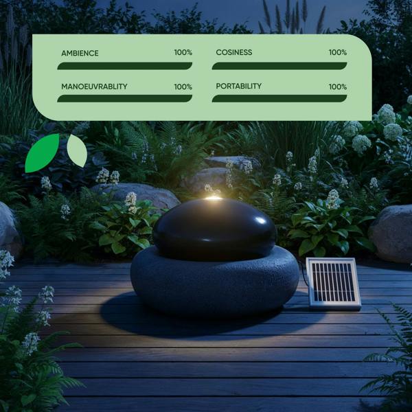 Gardenwize Solar Water Feature – Black Pebble Fountain with LED Lights & Battery Backup
