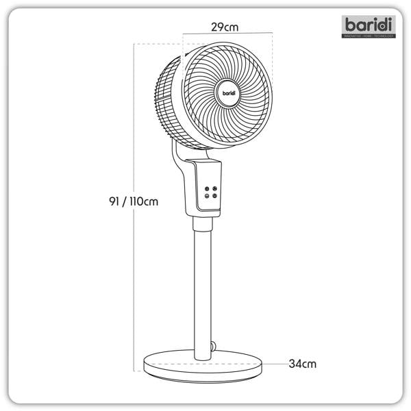 Baridi DH141 Fan Action shot - dimension diagram