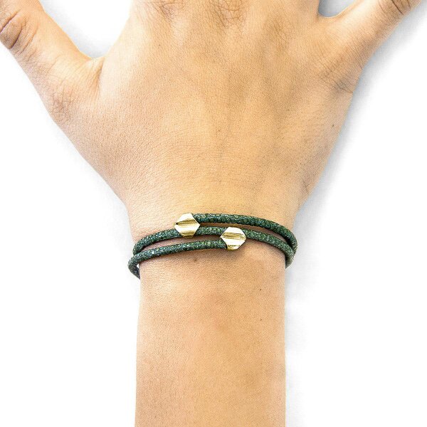Anchor & Crew Racing Green Conway 9ct Yellow Gold and Stingray Leather Bracelet