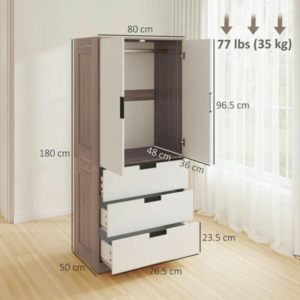Modern Clothes Storage Cupboard Unit, 3 Drawer 2 Door Wardrobe with Hanging Rod, White/Brown