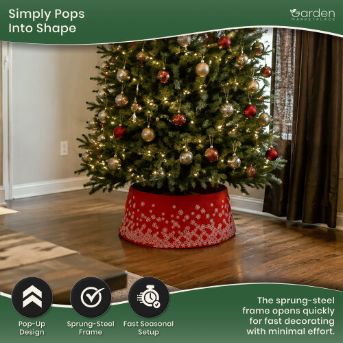 Pop Up Christmas Tree Skirt Collar in Red Snowy Pattern Fabric, Sprung Steel Frame Stand Cover, Fits 1.5–2.1m Trees, 56cm Diameter x 25cm High