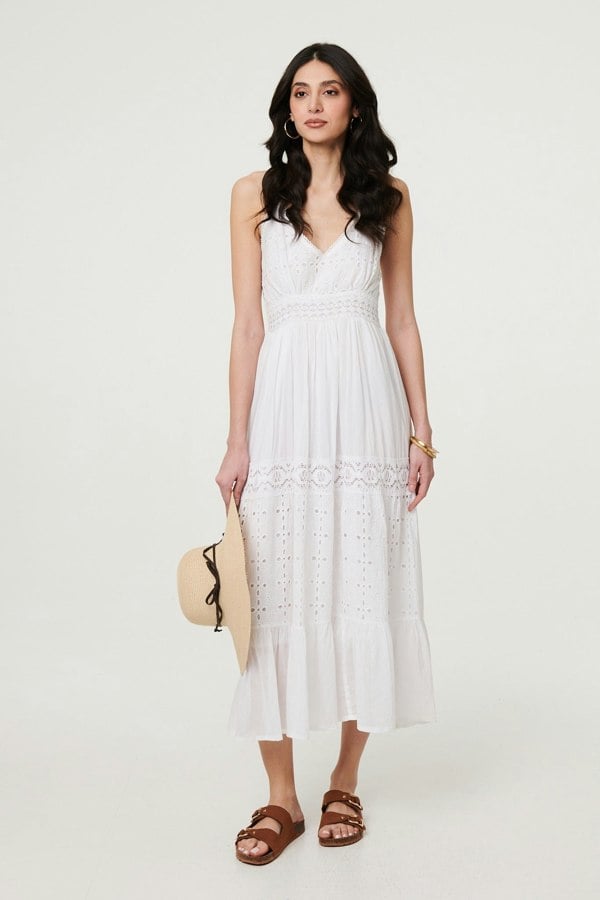 White | Broderie Anglaise Cami Strap Maxi Dress : Model is 5'11"/180 cm and wears UK8/EU36/US4/AUS8
