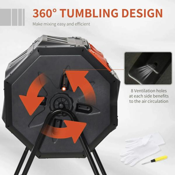 360° tumbling composter drum with ventilation holes on the sides