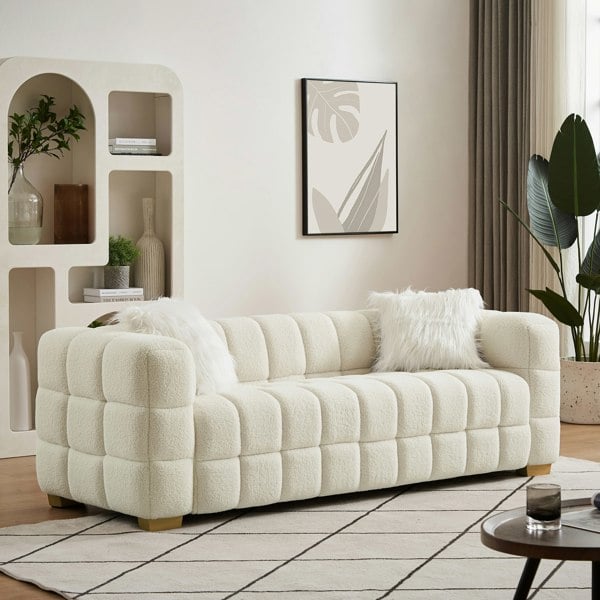 Furniture One Teddy Fleece 3 Seater Sofa - 210cm Loveseat Couch, Upholstered Padded Modern Leisure Sofa with 2 Pillows - White