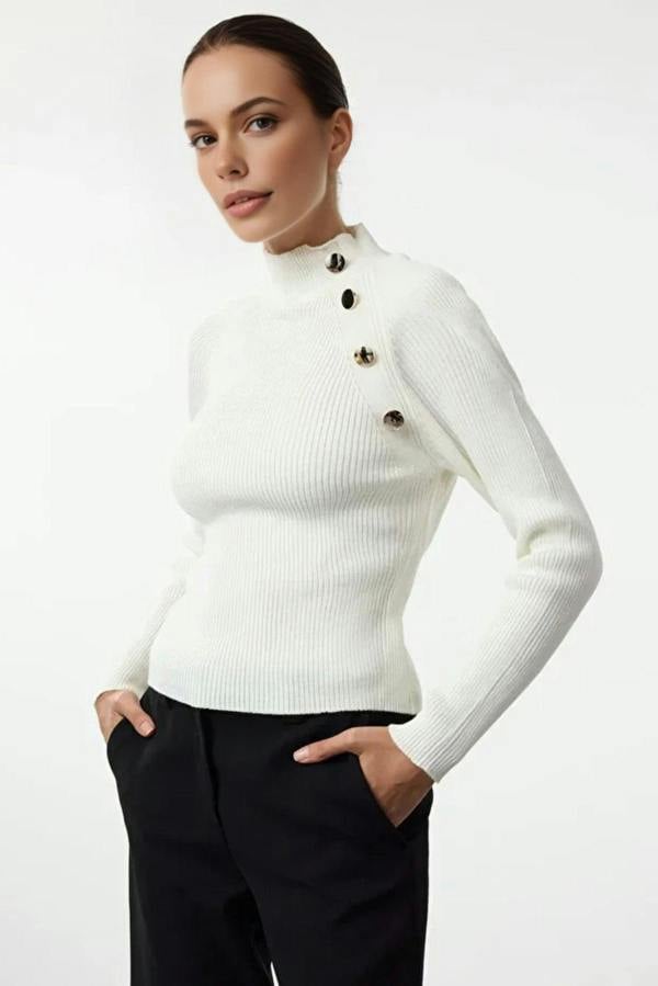 WOVCOR Stand-Up Collar Slim Fitted Knit Sweater with Button Details
