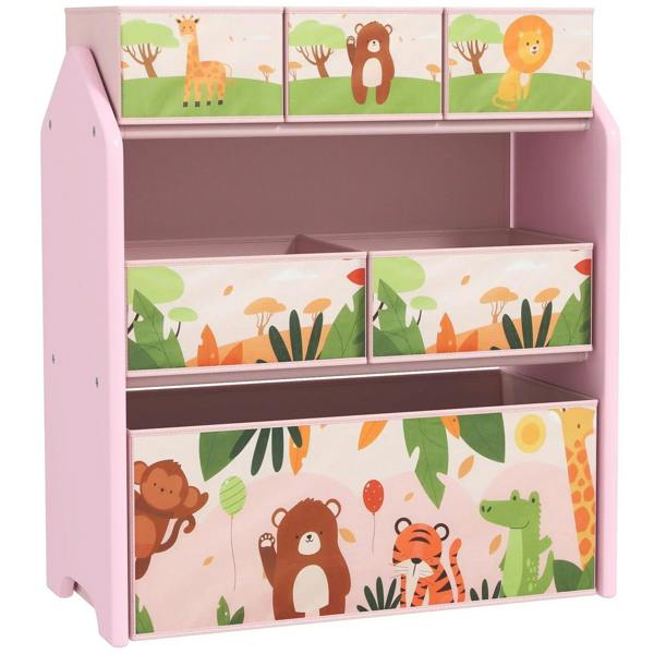Kids toy storage unit with removable jungle animal bins, pink, 3 tiers
