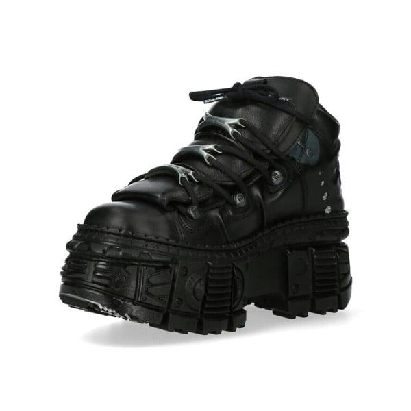 New Rock Metallic Ankle Black Leather Boots-WALL106-S12