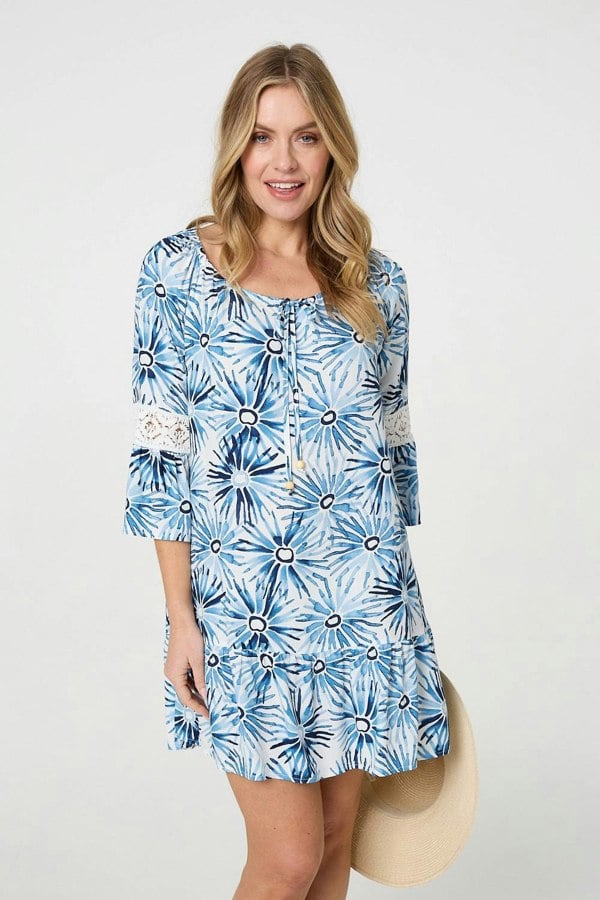 Blue | Floral Lace 3/4 Sleeve Short Shift Dress
