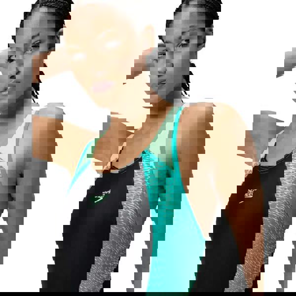 Black and teal Speedo Placement Laneback Swimsuit with mesh back