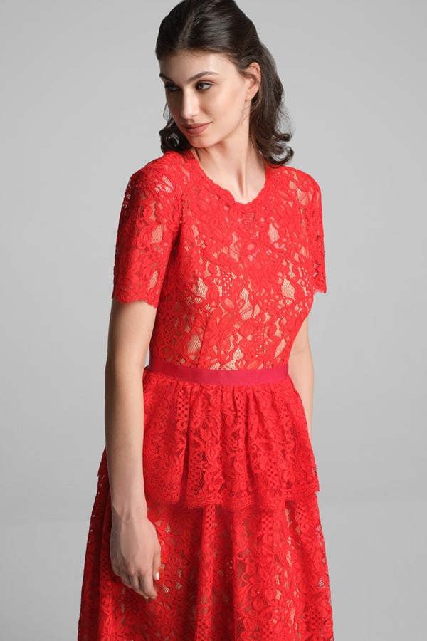 Rumour London Lucia lace midi dress with peplum in scarlet
