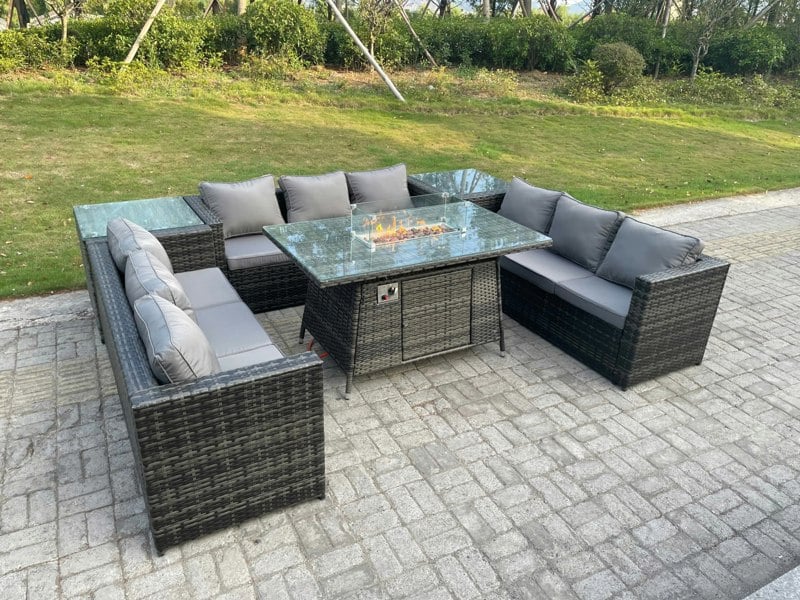 Fimous Outdoor Rattan Garden Furniture Gas Fire Pit Dining Table Gas Heater Sets Side Tables Dark Mixed Grey 9 Seater