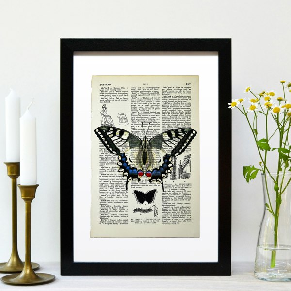 Hands & Hearts Swallowtail butterfly vintage book page art print