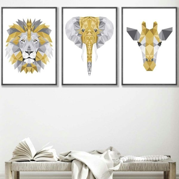 Set of 3 Geometric Yellow and Grey Jungle Heads Lion Elephant Giraffe
