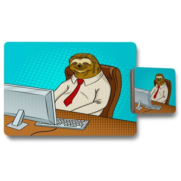 Benjamin Tate Design Sloth animal office worker pop art retro (Placemat & Coaster Set)