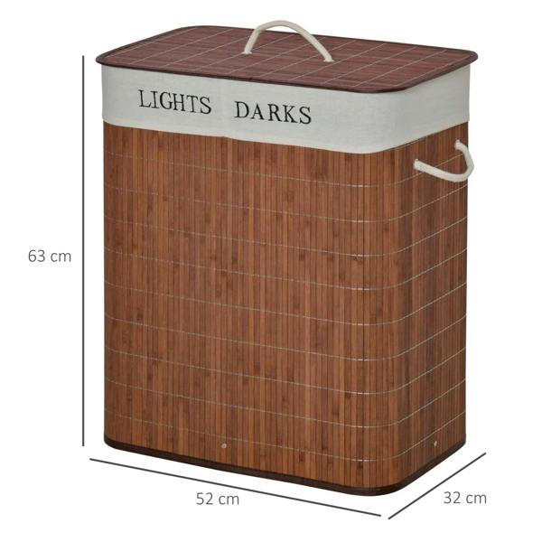 Brown collapsible laundry basket with lid and side string handles; LIGHTS DARKS label on top.