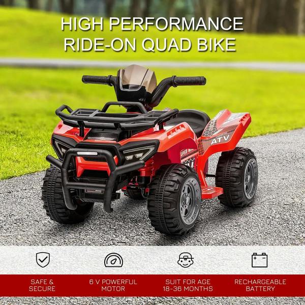 Red kids electric ride-on quad bike with black frame and four knobby tires