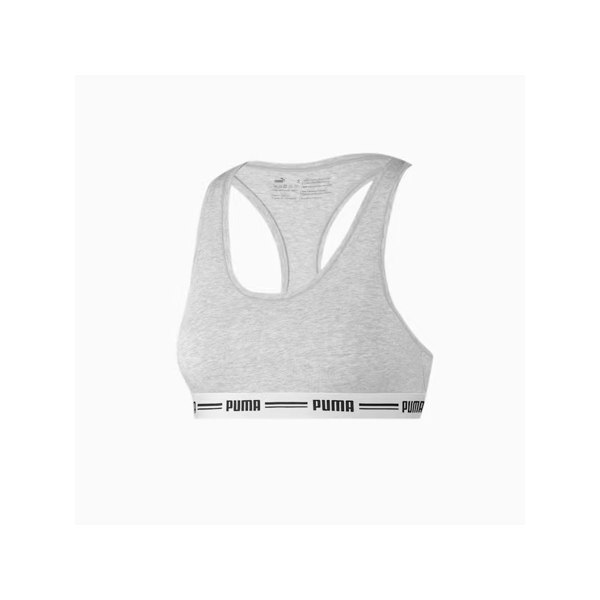 Puma Striped Logo Racerback Bra Top, Grey Melange