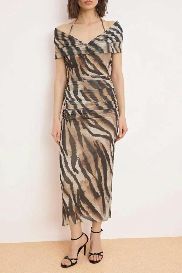 WOVCOR Draped Knitted Tulle Midi Lined Party Dress