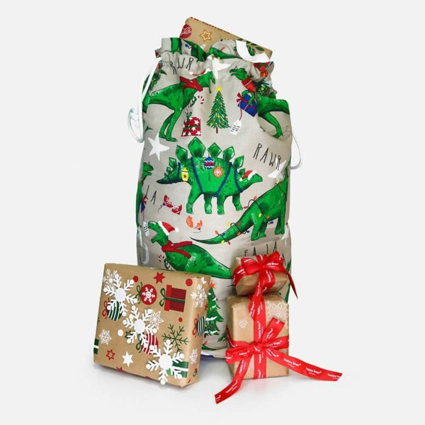 Festive Dinosaur Christmas Santa Sack Toy Bag - Happy Linen Company