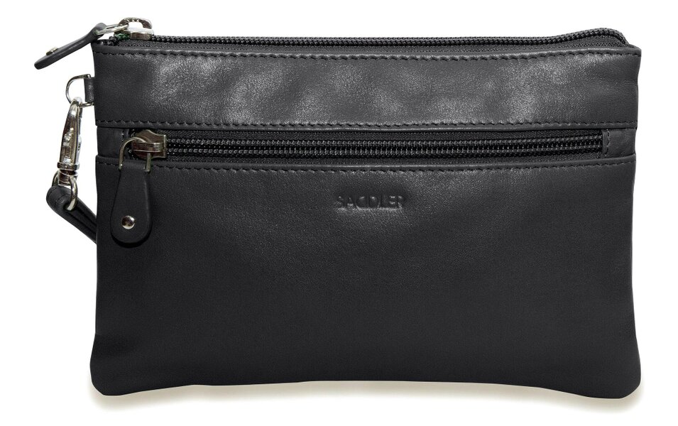 SADDLER SCARLETT Leather Zip Top Mini Clutch - Phone Holder with Detachable Wrist Strap - RFID Protected - Black