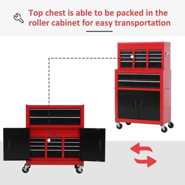 Red metal tool chest and roller cabinet base shown separately for transport