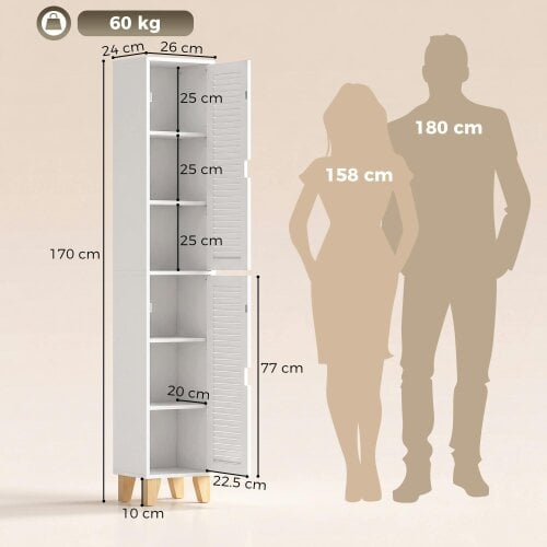 HOMCOM 170cm Tall Bathroom Storage Cabinet with Adjustable Shelf, White