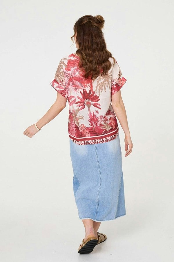 Red | Tropical Print 1/2 Sleeve Relaxed Top
