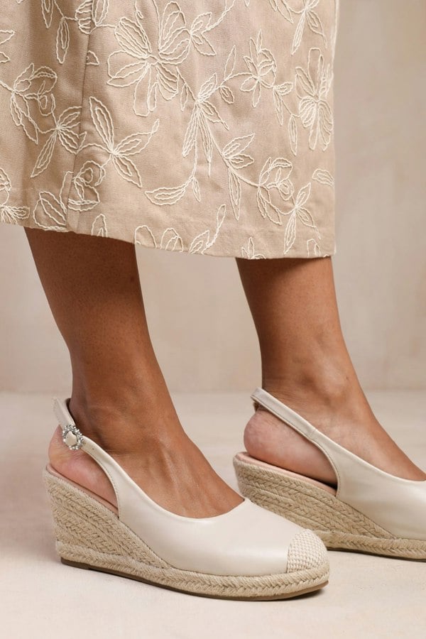 Where's That From Nevada Slingback With Diamante Flower Buckle Espadrille Wedges in Nude Faux Leather