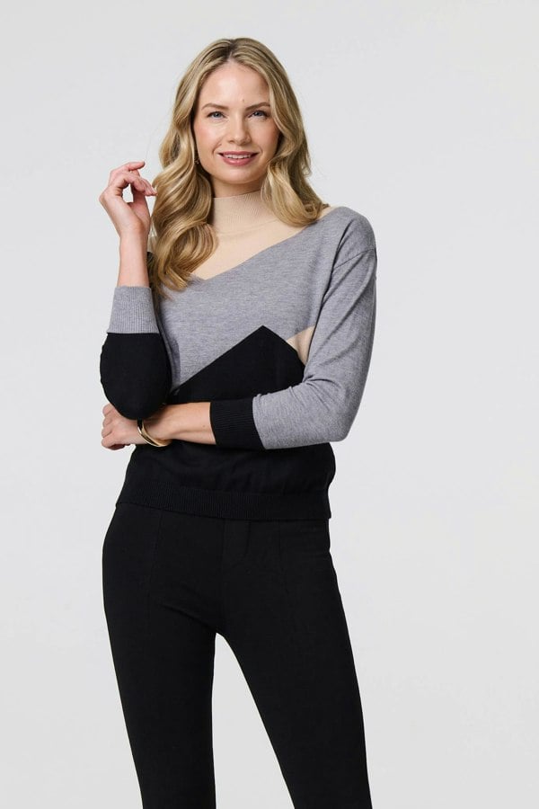 Grey | Colour Block High Neck Slim Jumper
