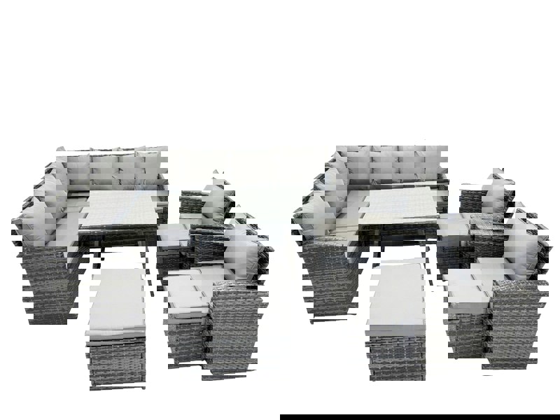 Fimous 11 Seat Poly Rattan Outdoor Patio Oblong Dining Table Corner Sofa Set with 3 Stool 2 Chairs for Garden Backyard Dark Grey Mixed