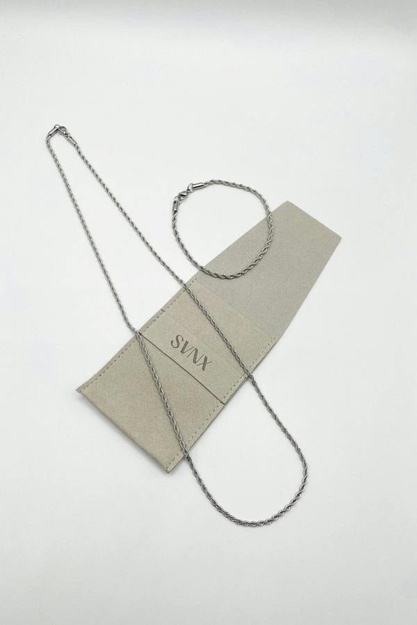 SVNX Rope Chain Necklace & Bracelet Set in Silver