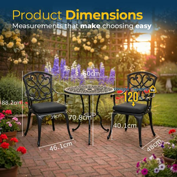 Homeology VIVALDI Black 3-Piece Cast Aluminium Garden Bistro Set - with Black Cushions