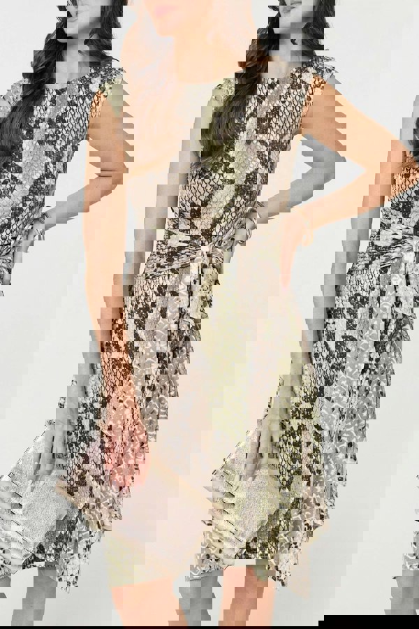 Green | Snake Print Boat Neck Hanky Hem Short Dress
