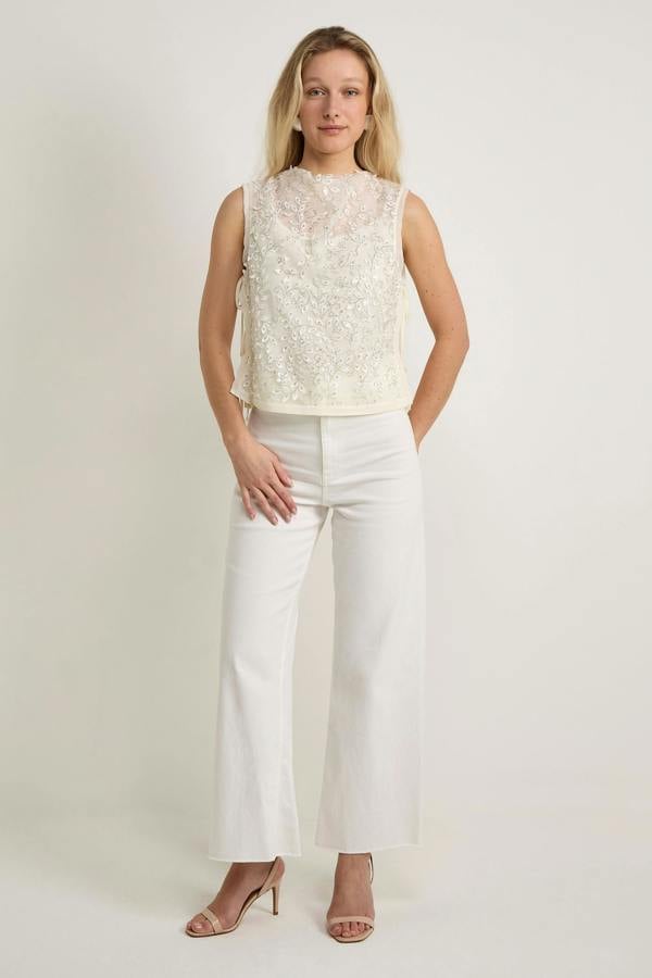 GWD Imara Floral Embroidery, Sheer Mesh Sparkle Top
